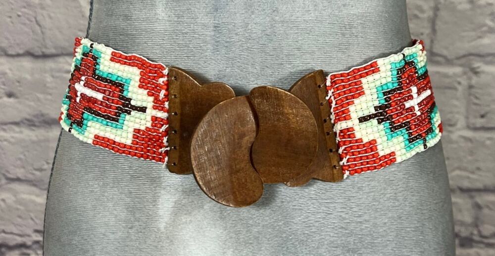 Unique Seed Bead Belt with Wooden Buckle and Aztec-Inspired Pattern
